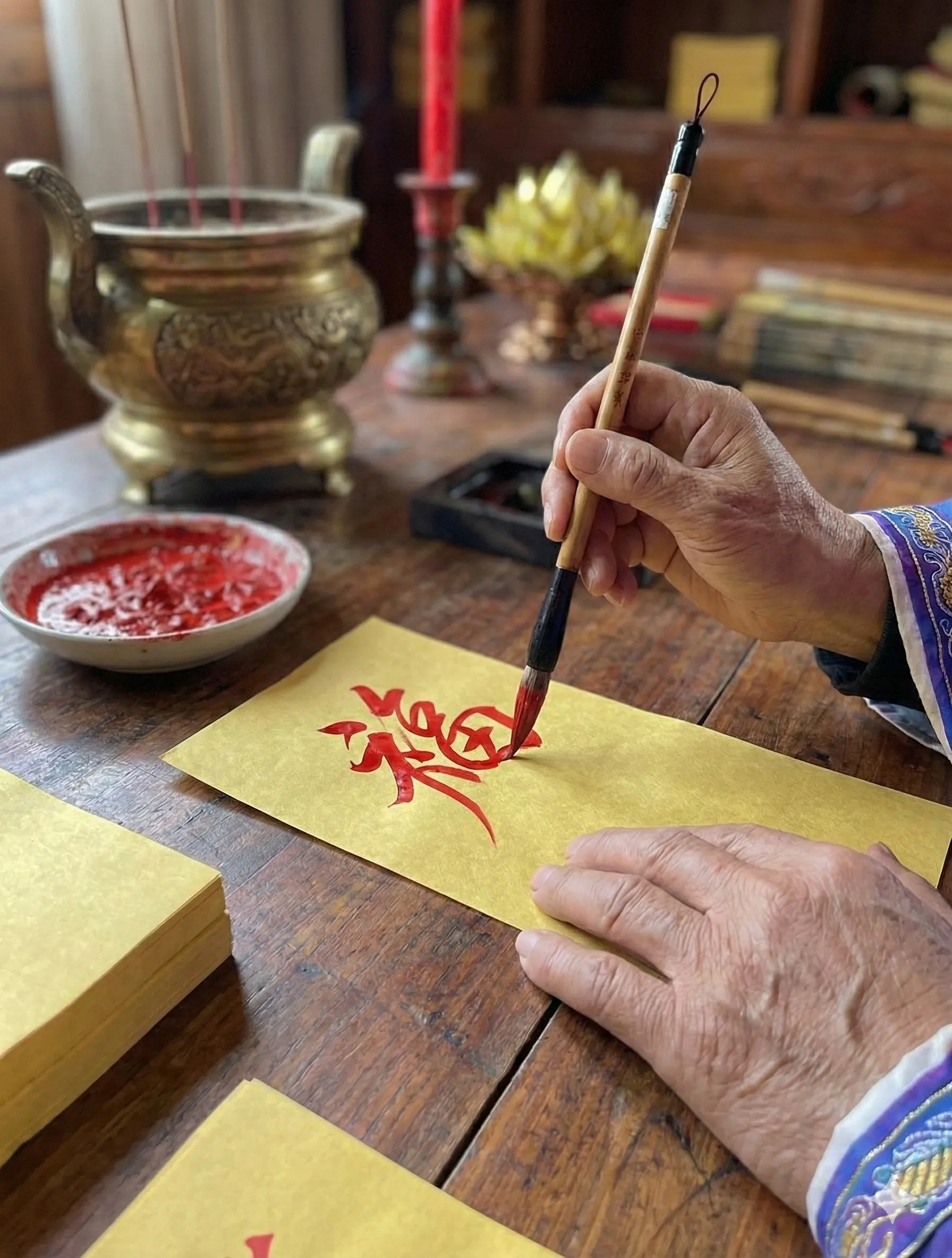 Master Luo hand-inscribing a talisman with a brush
